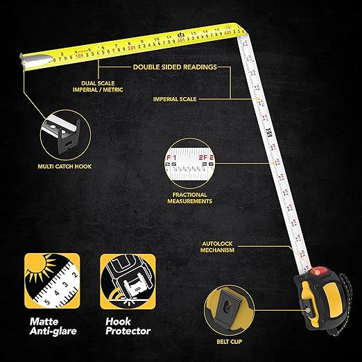 LEXIVON [2-Pack] 25Ft/7.5m AutoLock Tape Measure | 1-Inch Wide Blade with Nylon Coating, Matte Finish White & Yellow Dual Sided Rule Print | Ft/Inch/Fractions/Metric (LX-205X2)