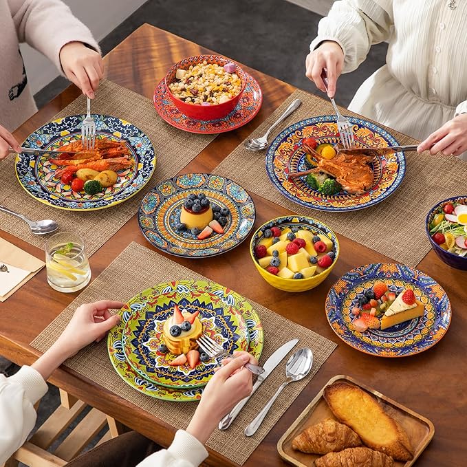 vancasso 18 Pieces Plates and Bowls Set, Bohemian Style Dinnerware Sets Service for 6, Porcelain Boho Dishes Set for Kitchen, Housewaring Gift, Dishwasher and Microwave Safe, Series KRVI