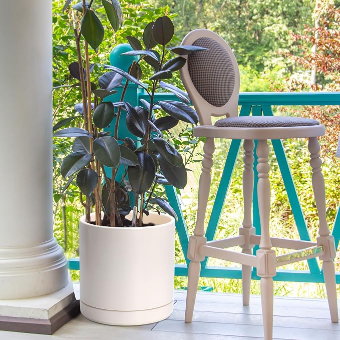 D'vine Dev 10 Inch Ceramic Planter Pot, Oatmeal, 94-O-E-8 | Modern Cylinder Design, Drainage Hole & Saucer Included, Stable Structure, Elegant Home Accent