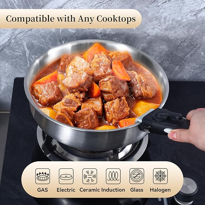 Inqibee Tri-Ply Stainless Steel Cookware Set with Removable Handle, Detachable Handle 10 Inch Deep Frying Pan, 3 QT Sauté Pan with Lid, Induction Kitchen Cooking, Dishwasher and Oven Safe