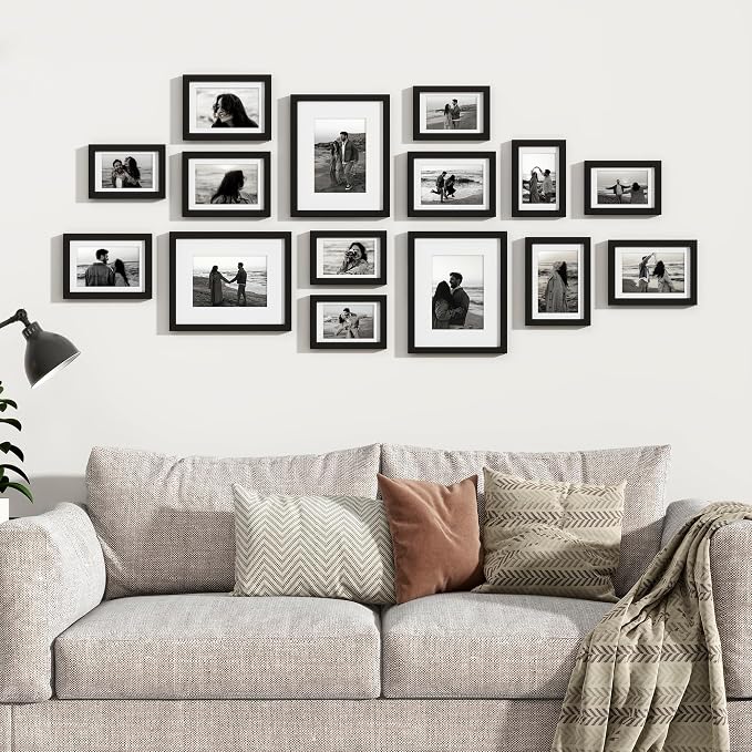 Venusmiles 15 Pack Picture Frames Collage Wall Decor, Gallery Frame Set for Wall Mounting or Tabletop Display, Multi Sizes Including 3pcs 8x10, 6pcs 5x7, 6pcs 4x6, Black