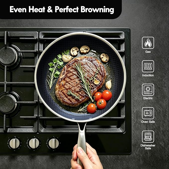 BRASA Nonstick Frying Pan 11.02-inch,Tri-Ply Stainless Steel Skillet,Honeycomb Ceramic Coating, Induction & All Cooktop Compatible,Dishwasher safe (PFOS, PFOA Free)(11.02 in+5.9 in trivet)