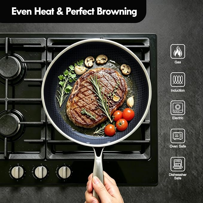 BRASA Nonstick Frying Pan 9.45-inch,Tri-Ply Stainless Steel Skillet,Honeycomb Ceramic Coating, Induction & All Cooktop Compatible,Dishwasher safe (PFOS, PFOA Free)(9.45 in+5.9 in trivet)