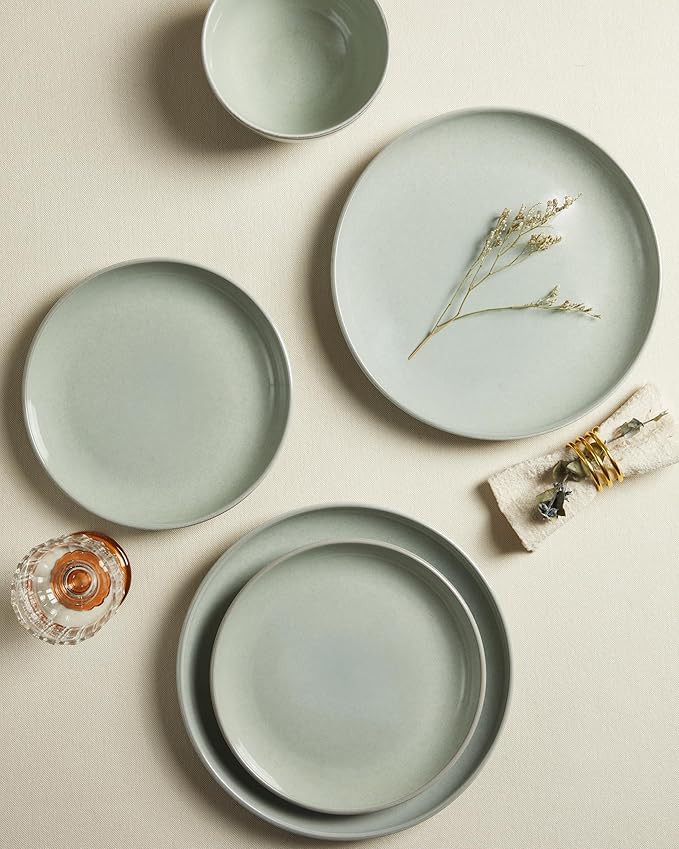 Pokini 18 Piece Dinnerware Set for 6, Reactive Glaze Terracotta Plates and Bowls Set, Large Family-Sized Stoneware Dish Set for Gatherings, Chip and Scratch Resistant, Slate Green