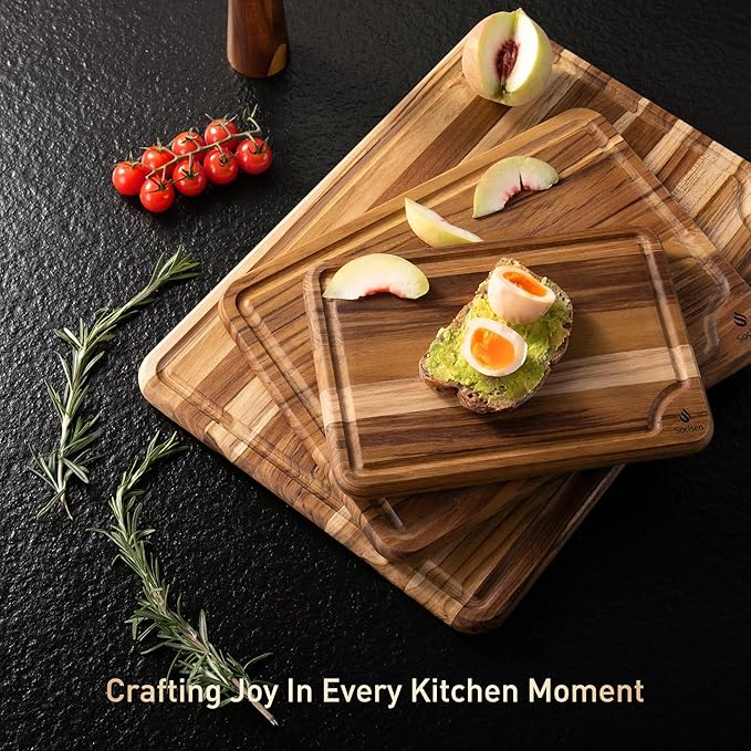 3 Pack Teak Wood Cutting Board Set for Kitchen Charcuterie Board Serving Heavy Duty Non Toxic Slip Over Sink Solid Thick Haus Wooden Chopping Board Large Big Small Meat Best Kitchen Essential Gift
