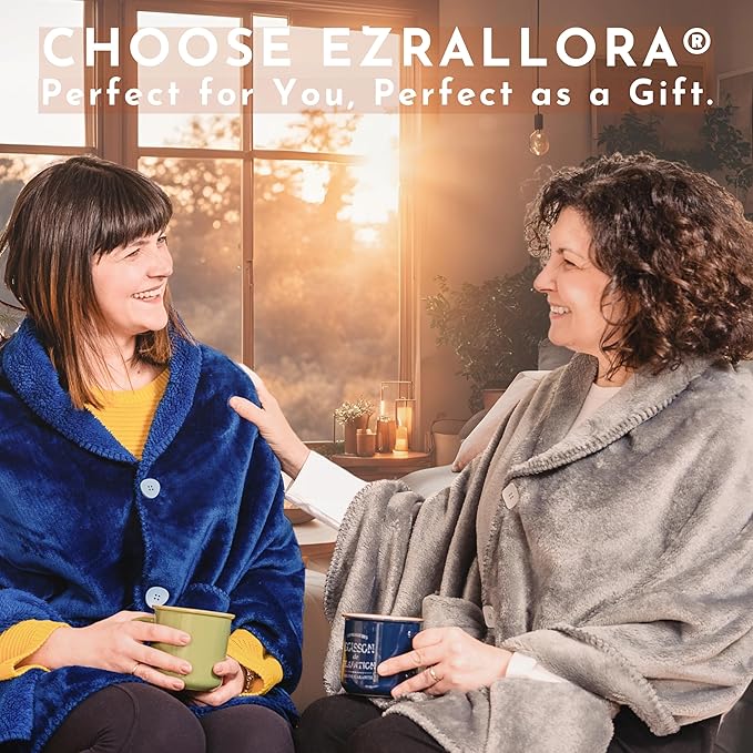 EzrAllora Premium Double Layer Poncho Blanket for Women -Drape and Go No Sleeves- Sherpa Fleece Shawl with Pockets - Wearable Blanket - Gifts for Mom and Grandma (Blue)