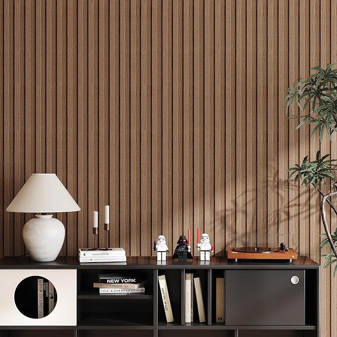 Peel and Stick PVC Slat Wall Panels, Wood Grain Self-Adhesive Soundproof Paneling, 3D Faux Wood Panels for Bedroom Bathroom Walls & Ceilings 118"x15.75"(Light Walnut,13Sq.ft)