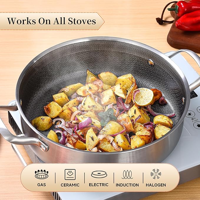 LOLYKITCH 7 QT Large Deep Frying Pan with Lid, 12 Inch Nonstick Triply Stainless Steel Skillet Saute Pan, Ceramic Hybrid Honeycomb Cookware for Family Meal – Oven & Induction Ready, Riveted Handles