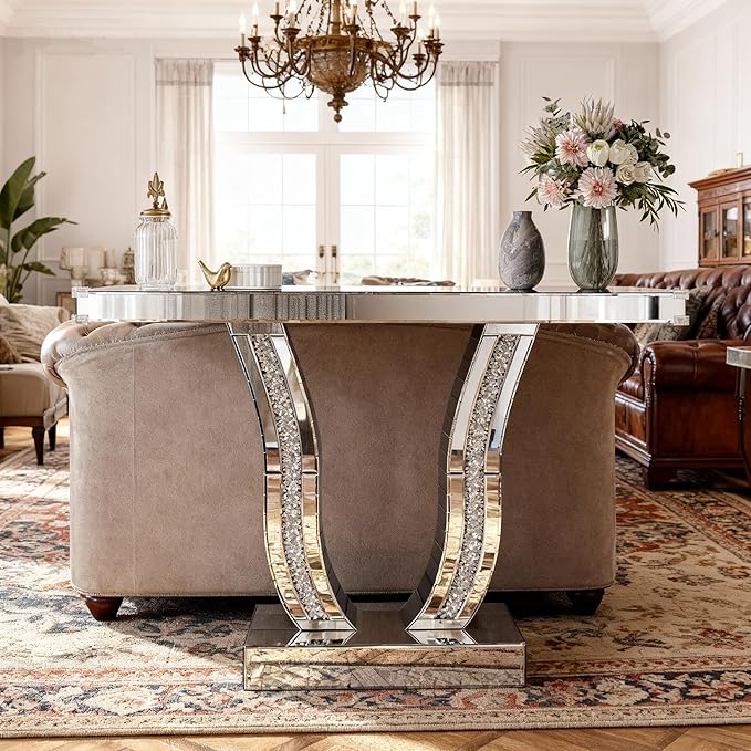 SSLine Modern Mirrored Entryway Table with Rectangle Wall Mirror Set of 2 Luxury Silver Mirror Console Table with 36x24inch Decor Mirror,Crush Diamond U-Shape Hallway Table for Living Room Entrance
