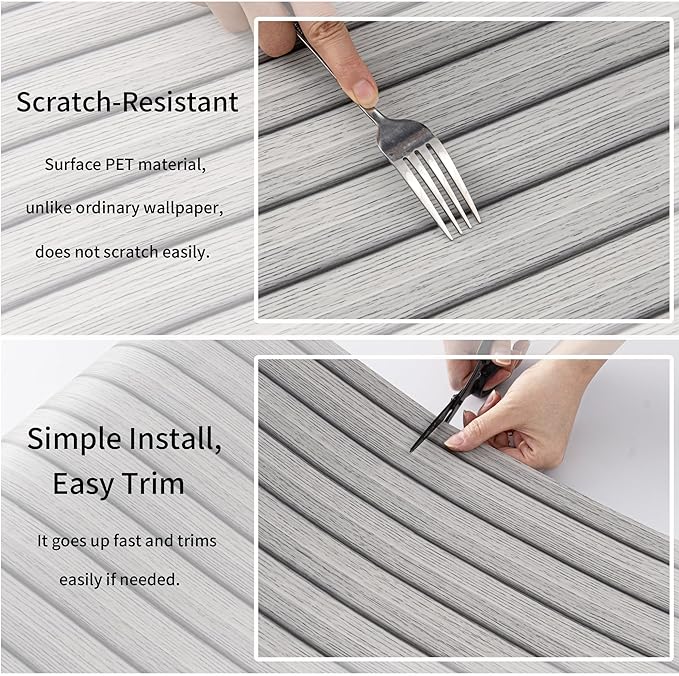 Haimin Wood Grain Slat Wall Panels Peel and Stick Faux Wood Thick Wallpaper 118"x15.75" Waterproof PET & IXPE Foam Paneling (Light Gray)