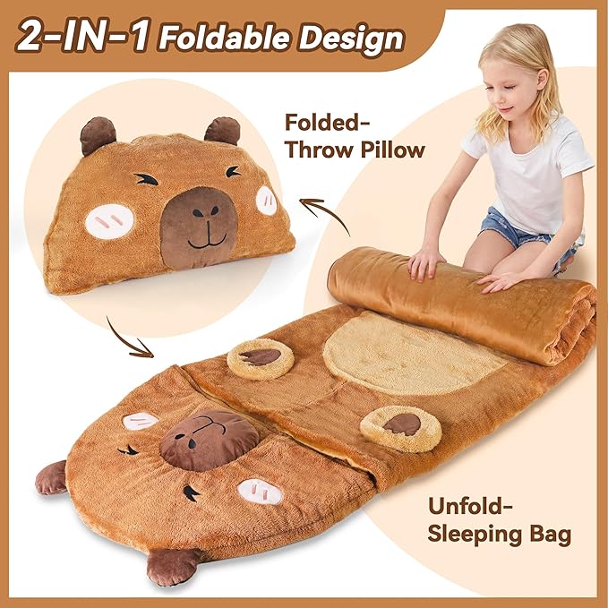 iPlay, iLearn Kid Sleeping Bag, Plush Capybara Slumber Bag, Toddler Girl Boy Nap Mat, 2 In 1 Brown Animal Pillow, Happy Travel Sleepover Daycare Preschool Birthday Gift for Age 3 4 5 6 7 8 10 12 Child