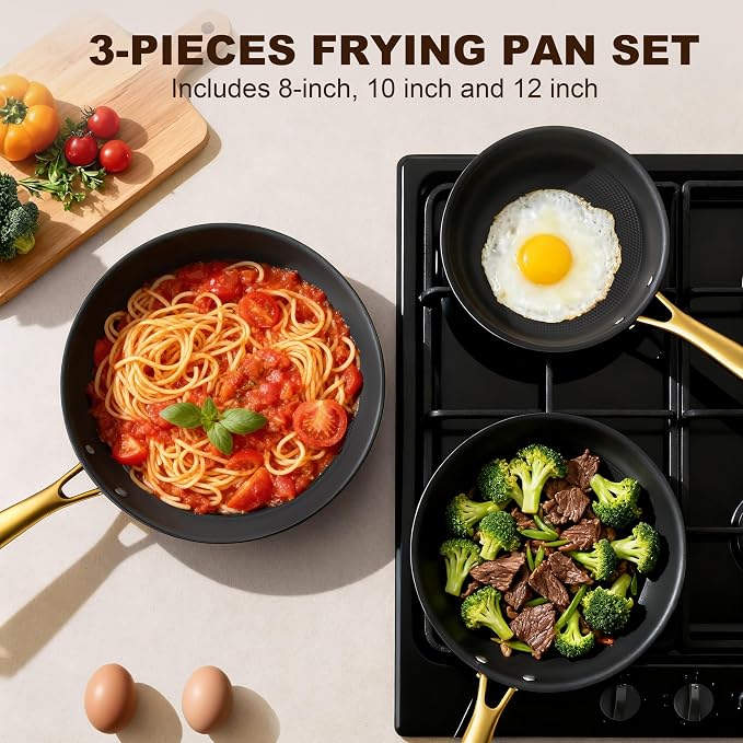 imarku 3 Pcs Non Stick Frying Pans Set, 8+10+12 Inch Nonstick Cast Iron Skillets with Stay Cool Metal Handle, Dishwasher & Oven Safe, Induction Compatible Cooking Pan