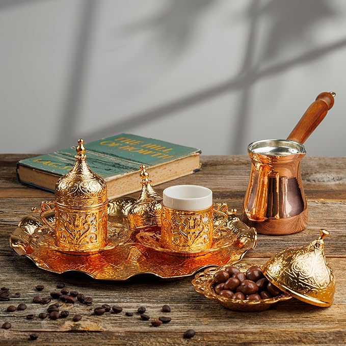 DEMMEX Turkish Greek Arabic Coffee Making and Serving Full Set with Cups Saucers Lids Sugar Bowl Tray and Copper Coffee Pot, Hand Decorated with Gold Crystals, 12 Pcs (Gold)