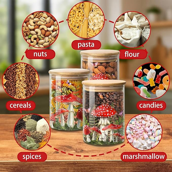 Mushroom Clear Glass Storage Jar with Airtight Lid, Food Canister for Kitchen Countertop, Coffee Tea Sugar Cookie Spice Home Kitchen Organizers 3 Pack