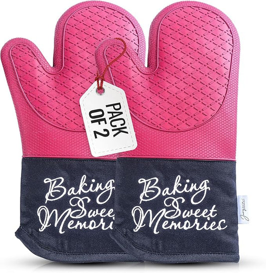 Mitts - Long Slip Resistant Pot Holders - Silicone Oven Mitts - Baking Gloves for Oven - Perfect for Baking, BBQ, Cooking, and Grilling, Oven Mitts Set of 2, 7''x13'' (Burgundy)