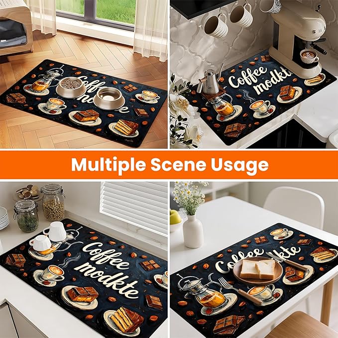 Coffee Mat 17"x32" - Extra Large Absorbent Non Slip Dish Drying Mat,Coffee Bar Accessories,Kitchen Counter Protector for Coffeemaker, Sink, Dining Decor