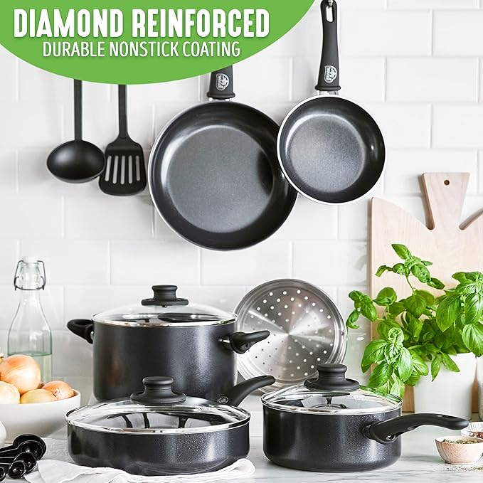 GreenLife Soft Grip Healthy Ceramic Nonstick 12 Piece Kitchen Cookware Pots and Frying Sauce Saute Pans Set, PFAS-Free with Kitchen Utensils and Lid, Dishwasher Safe, Black