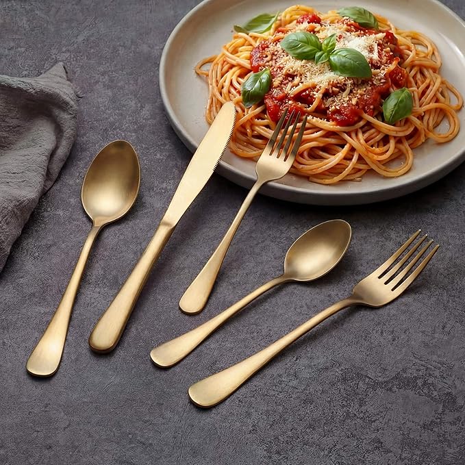 LIANYU 60 Piece Matte Gold Silverware Set for 12, Stainless Steel Gold Flatware Cutlery Set, Fancy Kitchen Utensil Tableware for Home Restaurant Party, Satin Finish, Dishwasher Safe