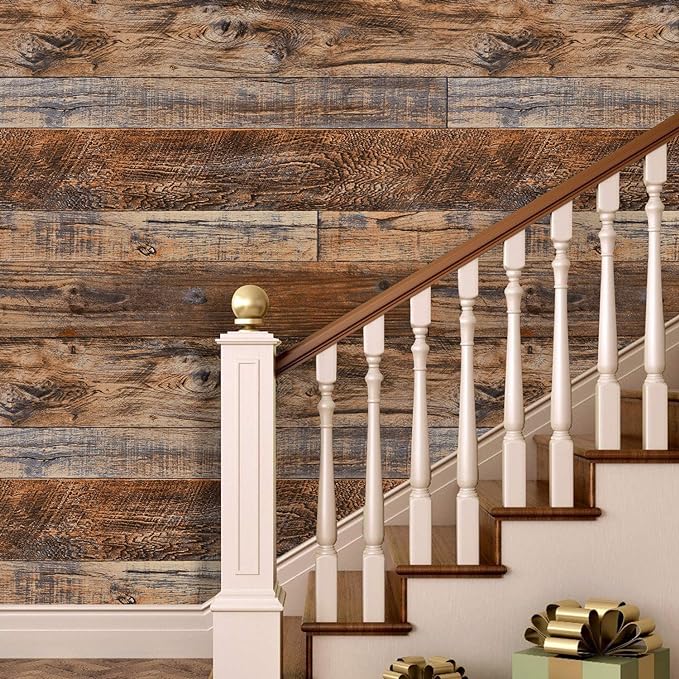 WENMER 11.8" x 197" Brown Wood Wallpaper Peel and Stick Wallpaper Shiplap Self Adhesive Wall Paper Wood Contact Paper for Cabinet Countertop Shelf Drawer Wall Door