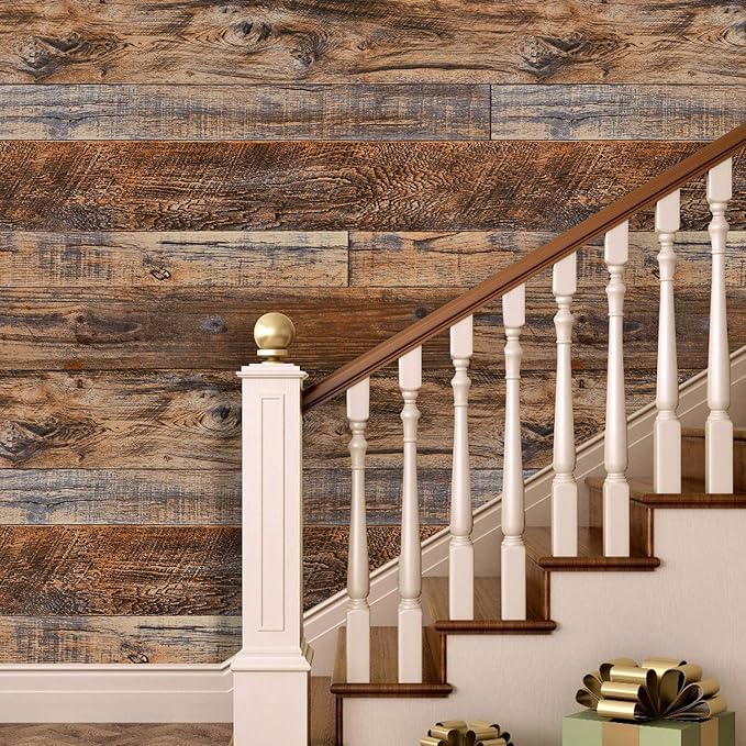 WENMER 23.6" x 118" Brown Wood Peel and Stick Wallpaper Shiplap Self Adhesive Wallpaper Wood Plank Wall Paper for Cabinet Countertop Shelf Drawer Wall Door