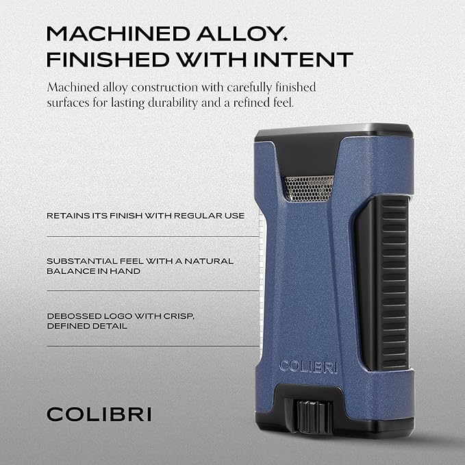 Colibri Rebel Double Torch Lighter – Wind Resistant Butane Cigar Lighter, Refillable Jet Flame with XL Fuel Tank, Adjustable Flame & Fuel Window (Midnight Navy + Black)