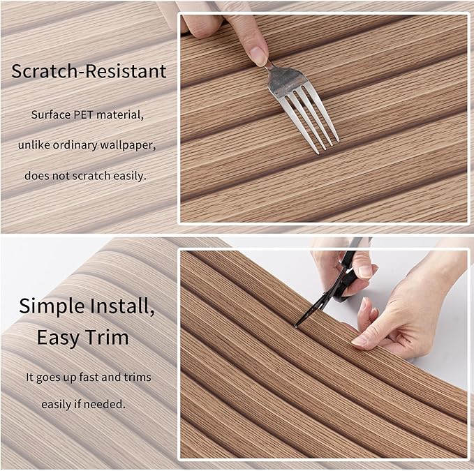 Haimin Wood Grain Slat Wall Panels Peel and Stick Faux Wood Thick Wallpaper 118"x15.75" Waterproof PET & IXPE Foam Paneling (Brown)