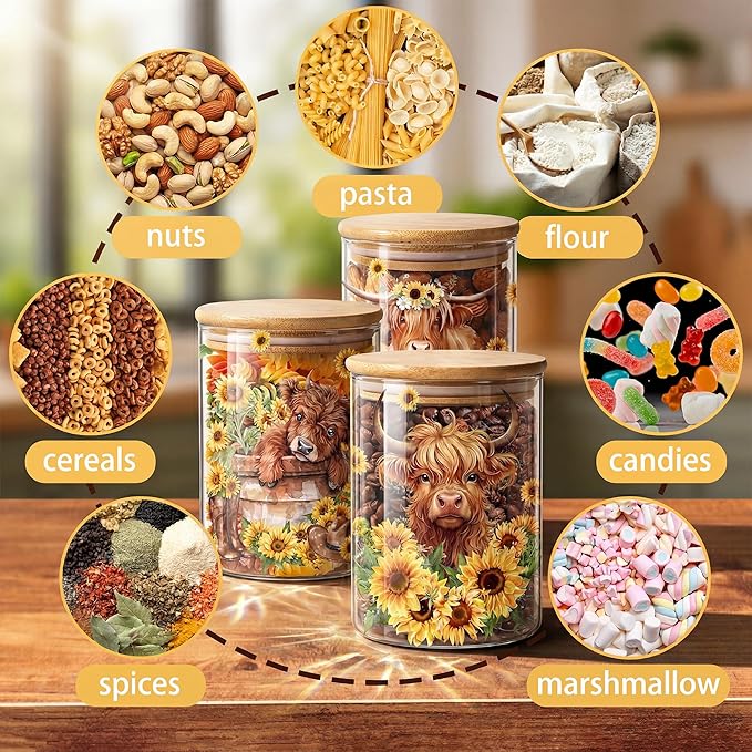 Highland Cow Clear Glass Storage Jar, Airtight Food Canister for Kitchen Countertop, Coffee Tea Sugar Cookie Spice Home Kitchen Organizers, Highland Cow Sunflower Kitchen Decor 3Pack