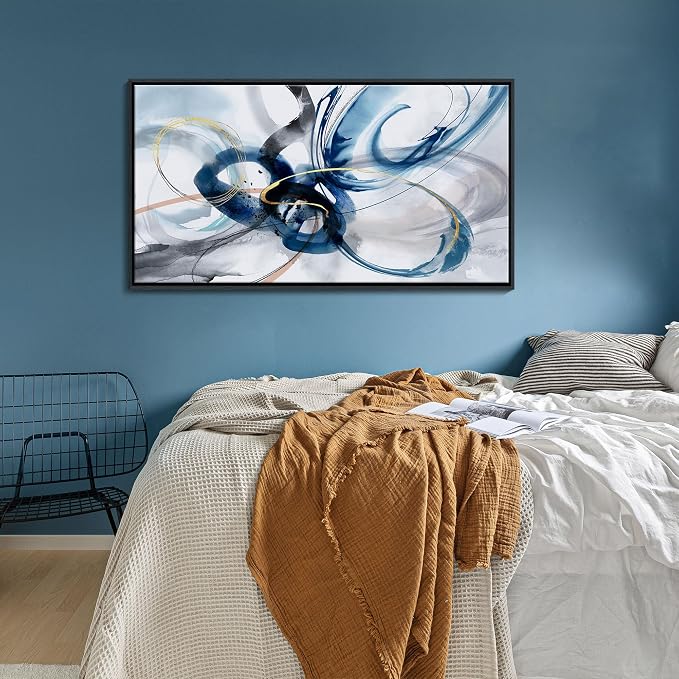 KLAKLA Modern Abstract Canvas Wall Art - Frame Wall Decor Living Room Picture Artwork for Office Bedroom Blue and White Decorative Paintings