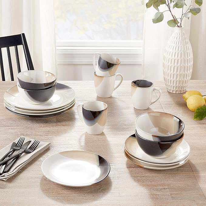 Mikasa Gourmet Basics Caden 16-Piece Stoneware Dinnerware Set, Service for 4, White Glossy Center with Black and Tan Two-Tone Reactive Glaze, Dishwasher and Microwave Safe