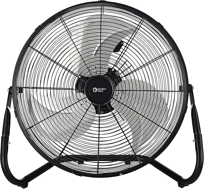 Comfort Zone Cradle Floor Fan, Electric, High-Velocity,180 Degree Adjustable Tilt, 18 inch, 3 Speed, Carry Handle, Rubber Feet, Metal, Airflow 19.36 ft/sec, Ideal for Garage or Workshop, CZHV18BK