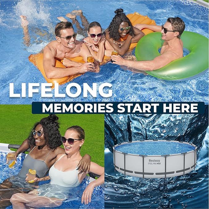 Bestway Steel Pro MAX 15' x 42" Above Ground Pool, Round Metal Frame Outdoor Swimming Pool Set with Filter Pump, Ladder, and Cover, Gray