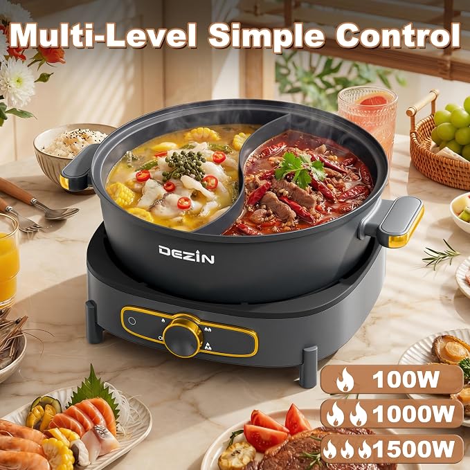 Dezin 6L Hot Pot Electric with Divider, Shabu Shabu Pot with Power Control | Removable 1500W Chinese Hot Pot, Non-Stick Hotpot with Multi-Power Adjustment, 3" Depth Double-Flavor Pot with Silicone Ladle
