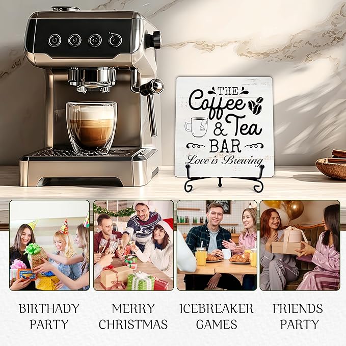 Coffee Bar Sign, Love is Brewing Farmhouse Tabletop Decor, Coffee and Tea Lover Gifts, 5x5 Wood Plaque with Iron Stand for Home Kitchen Cafe, Coffee Bar Decor – L07