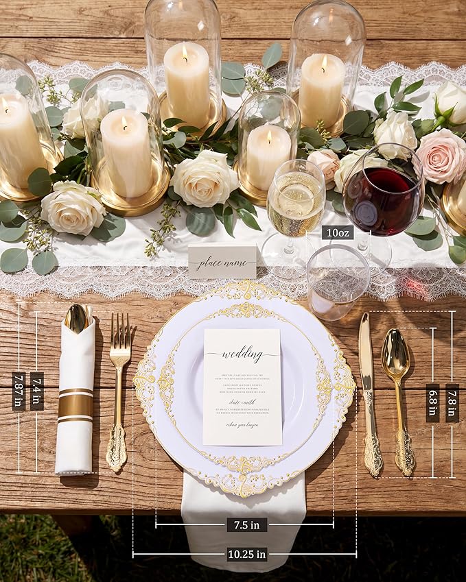 Nervure 350PCS Gold Plastic Plates - Gold Plastic Dinnerware Sets for 50 Guests - 100 Disposable Plates, 150 Silverware, 50 Cups, 50 Napkins for Wedding & Party & Mothers Day