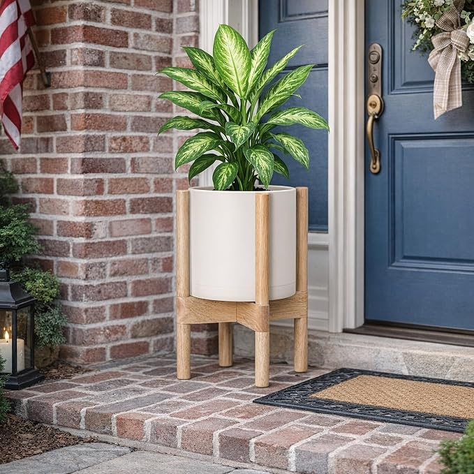 D'vine Dev Plastic Pot with Natural Wood Stand, Oatmeal, 8 in, 55-C-J-4 | Mid-Century Inspired Design, Elevated Plant Display, Clean Lines, Sturdy Support, Modern Space-Saving Style