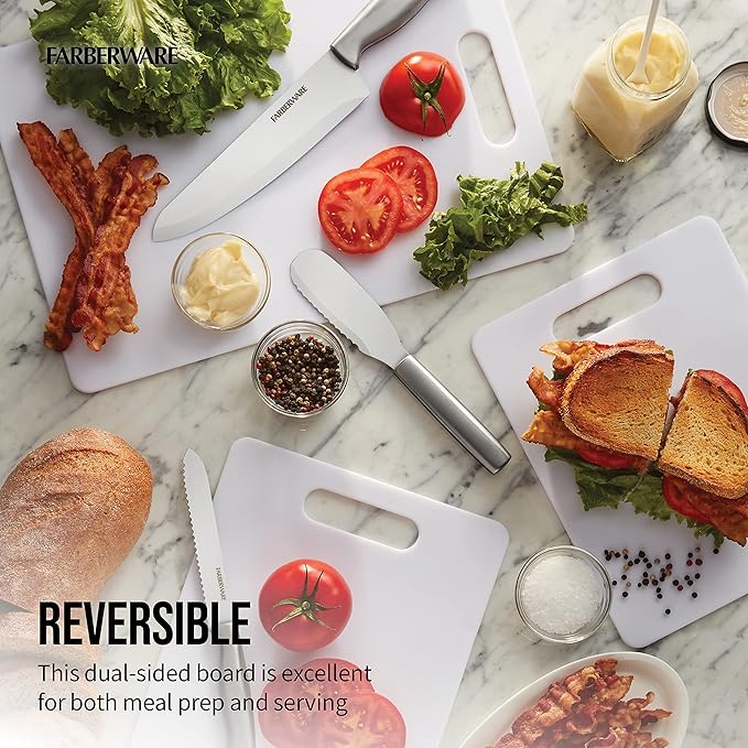 Farberware Large Cutting Board, Dishwasher- Safe Plastic Chopping Board for Kitchen with Easy Grip Handle, 11-inch by 14-inch, White