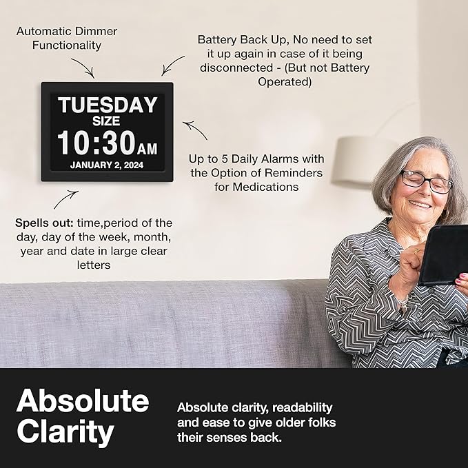American Lifetime New 2026 Dementia Clock Large Digital Clock for Seniors, Digital Calendar Large Display, Custom Alarms, Clock with Day & Date for Elderly 18.5 Inches Black