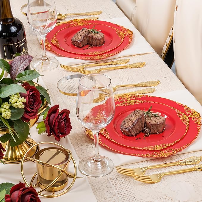 Nervure 350PCS Red Plastic Plates - Red Gold Plastic Dinnerware Sets for 50 Guests - 100 Gold Disposable Plates, 50 Pre Rolled Silverware Sets, 50 Cups Perfect for Wedding & Party & Mothers Day