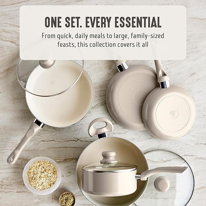 GreenLife 16-Piece Nonstick Cookware Set, Non-Toxic Ceramic Pots and Pans Set, Durable Healthy Kitchen Essentials, Fast Heating, Induction Ready, Easy Clean Dishwasher Safe, PFAS-Free, Beige Taupe