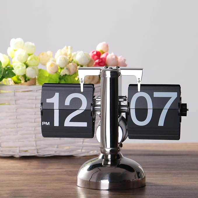 WoneNice Desk Clock, Retro Digital Flip Down Clock - Battery Operated with Internal Gear Mechanism for Office, Bedroom, Kitchen, School, Hotel, and Café Décor - Black