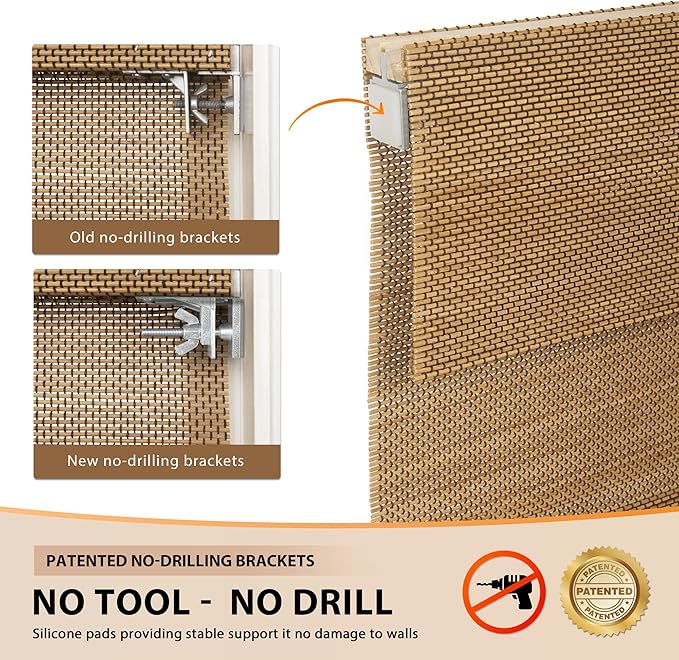 LazBlinds No Tools No Drill Cordless Bamboo Roman Shades, Light Filtering Window Treatment, Roll Up Bamboo Blinds for Windows 30'' W x 64'' H, Acorn