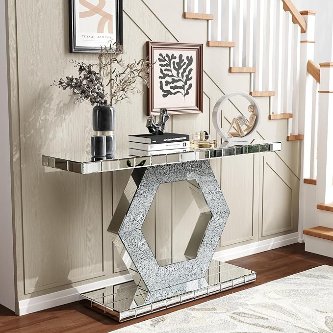 SSLine 2-Piece Set Mirrored Console Table with Wall Mirror, 55" Modern Mirror Entryway Table with Hexagon-Shape Base, Round Crush Diamond Decor Mirror for Entryway Hallway
