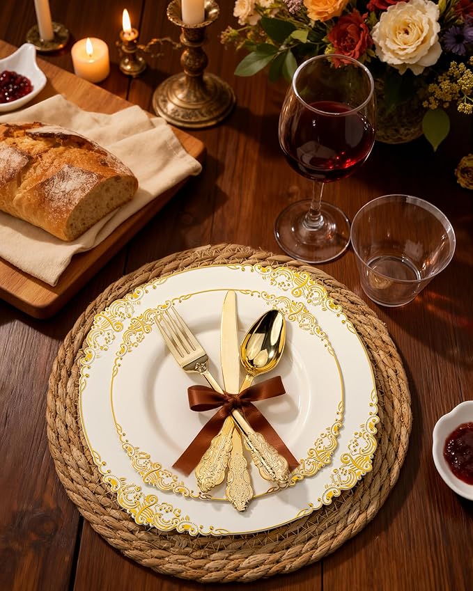 Nervure 350PCS Ivory Plastic Plates - Ivory Gold Plastic Dinnerware Sets for 50 Guests - 100 Gold Disposable Plates, 50 Pre Rolled Silverware Sets, 50 Cups Perfect for Wedding & Party & Mothers Day