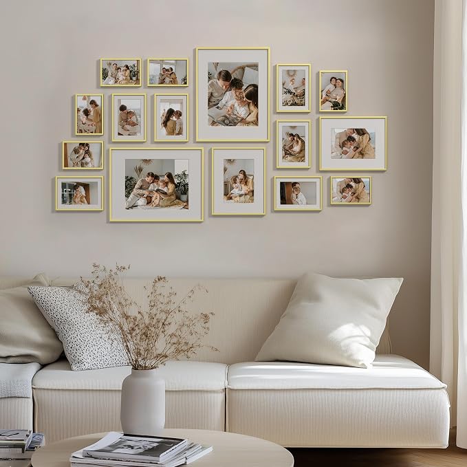eletecpro Aluminum Gallery Wall Frame Set of 16 with Glass Cover, Gold | Including 2Pcs 11x14, 2Pcs 8x10, 6Pcs 5x7, 6Pcs 4x6 Photo Frames, Multiple Sizes Picture Frames Collage Wall Decor, Tabletop