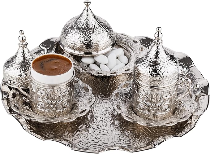 DEMMEX Turkish Greek Arabic Coffee Making and Serving Full Set with Cups Saucers Lids Sugar Bowl Tray and Copper Coffee Pot, Hand Decorated with Gold Crystals, 12 Pcs (Silver)