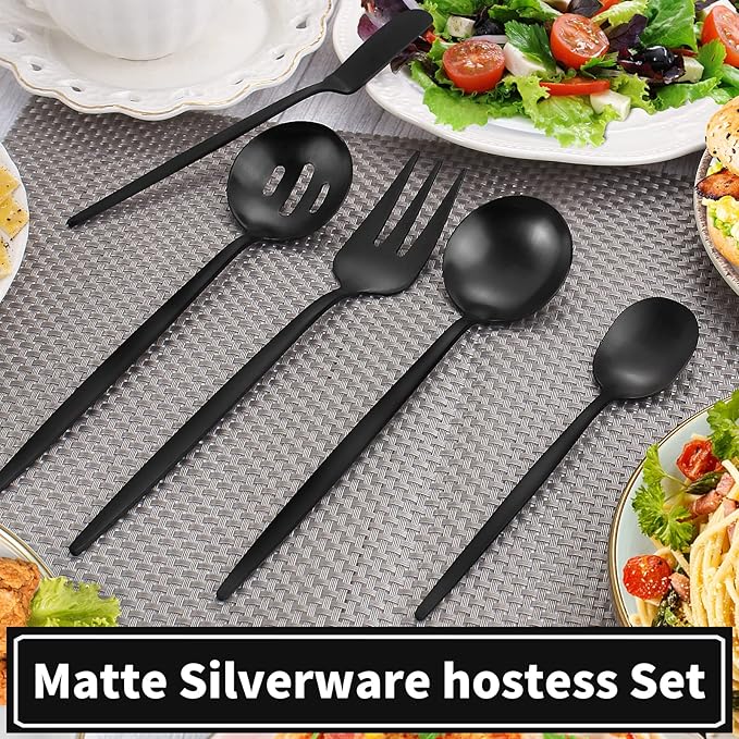 VANVRO Matte Black Serving Silverware Set, 5-Piece Round Shared Utensils Set of Stainless Steel, Hostess Flatware Serving Set, Satin Finish, Dishwasher Safe