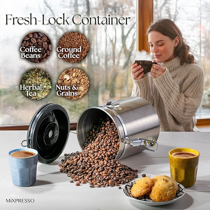 Mixpresso 16 Oz Stainless Steel Coffee Canister with Scoop and Window – Airtight Coffee Container with CO2 Valve for Bean Storage, Date Tracker Lid