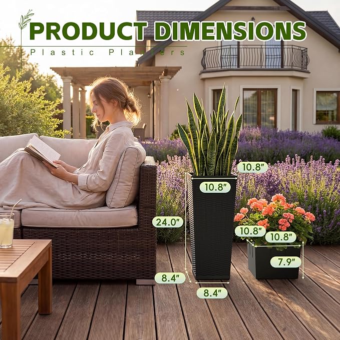 Devoko Resin Tall Planters for Outdoor Plants Set of 2, Large Taper Outdoor Planter Pots with 4 Drainage Holes, Flower Pots Modern Decor for Porch, Patio, Backyard, Home Garden (Black, 24'')