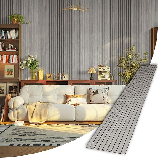 PVC 3D Wood Wall Panels Peel and Stick - 236" x 15.7" Light Grey Faux Wood Slat Wallpaper - Wooden Gray Grain Look Self-Adhesive Waterproof Paneling - Soundproof Walls Panel for Interior Wall Decor