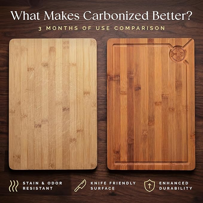 Pre-Oiled, Non Toxic 3-Piece Carbonized Bamboo Cutting Board Set, 500°F Carbonized Technology Eco-Friendly Wooden Chopping Boards for Kitchen with Juice Groove, Charcuterie Serving Boards Deer & Oak